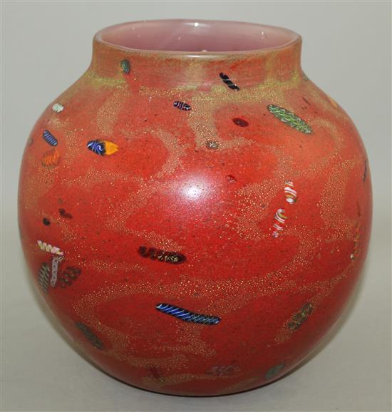 A rare and early Monart red and millefiori glass vase, c.1924, 24cm